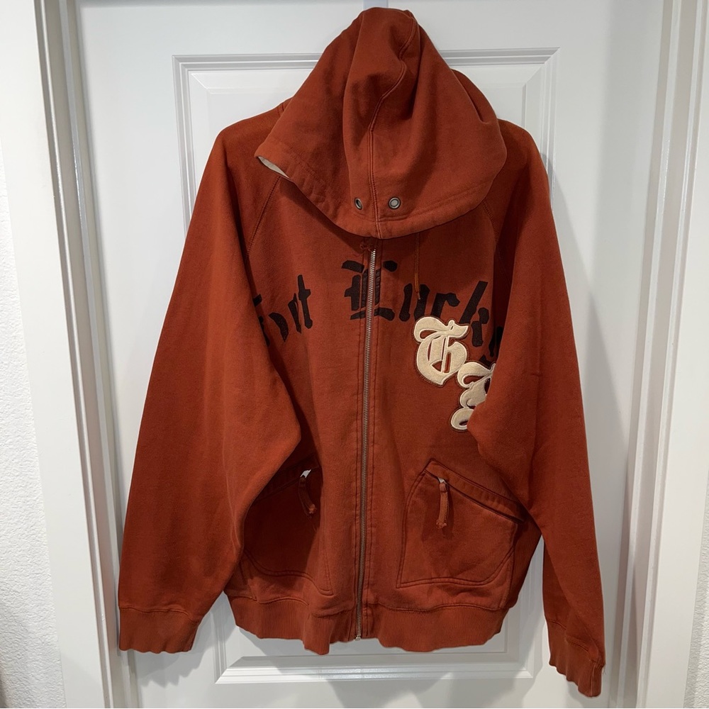 Rare Get Lucky fullzip drawstring graphic sweatshirt hooded brown unisex size XL